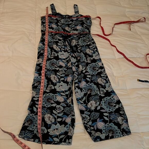 Loft Pant Jumpsuit Sz 6 Black Blue Square Neck Sleeveless Floral Pineapple Rayon - Picture 11 of 11